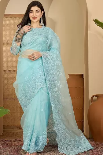 Blue embellished embroidered organza heavy work saree