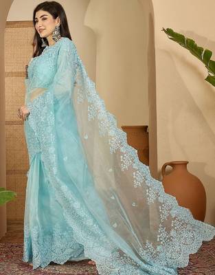 Blue embellished embroidered organza heavy work saree 3