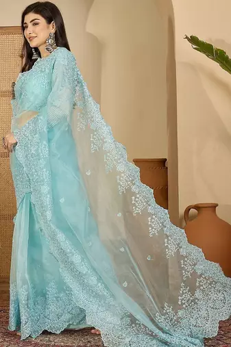Blue embellished embroidered organza heavy work saree