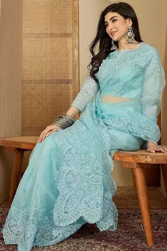 Blue embellished embroidered organza heavy work saree