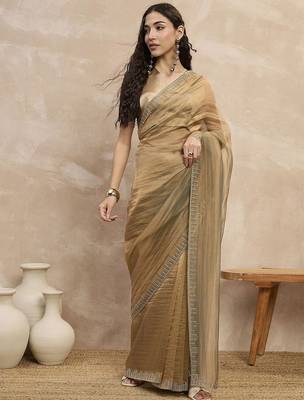 Beige solid beads and stones embellished organza saree with unstitched blouse 1