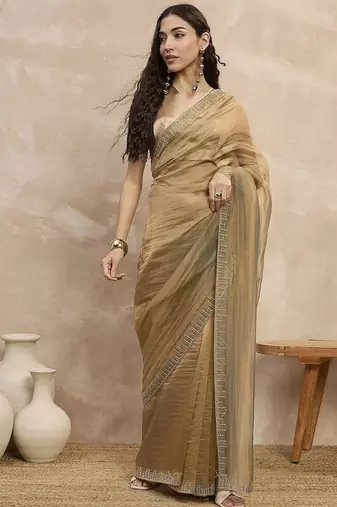 Beige solid beads and stones embellished organza saree with unstitched blouse