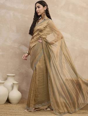 Beige solid beads and stones embellished organza saree with unstitched blouse 2