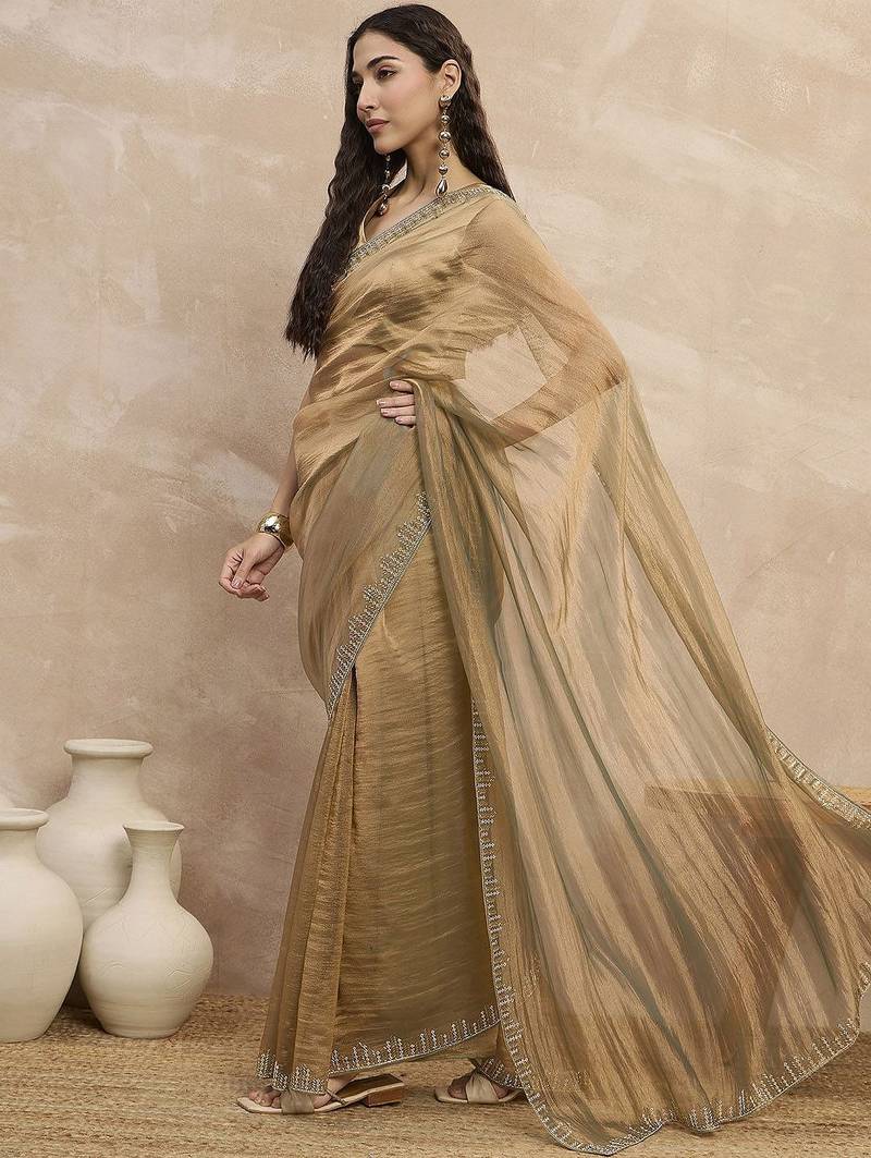 Beige solid beads and stones embellished organza saree with unstitched blouse