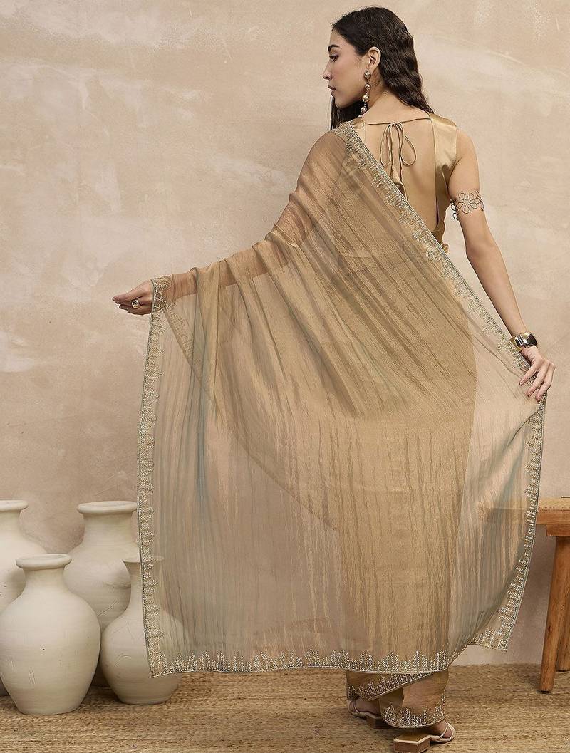 Beige solid beads and stones embellished organza saree with unstitched blouse
