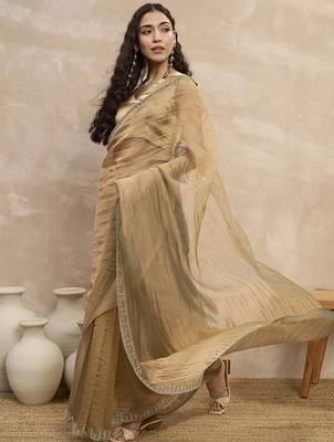 Beige solid beads and stones embellished organza saree with unstitched blouse 4