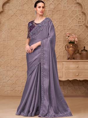 Lavender embellished sequinned poly georgette designer saree 1