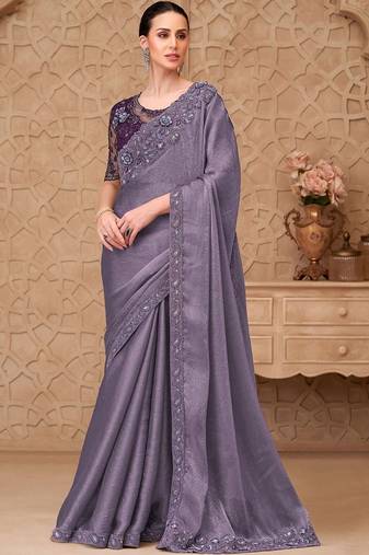 Lavender embellished sequinned poly georgette designer saree