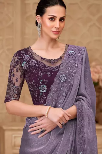 Lavender embellished sequinned poly georgette designer saree