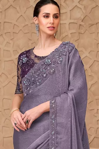 Lavender embellished sequinned poly georgette designer saree