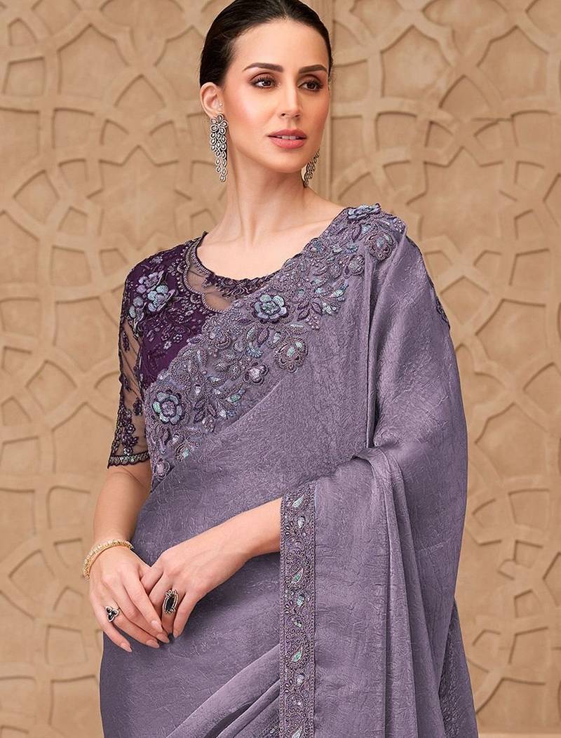 Lavender embellished sequinned poly georgette designer saree