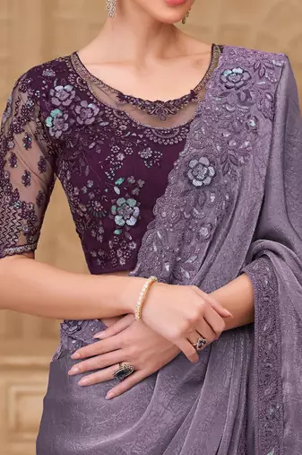 Lavender embellished sequinned poly georgette designer saree