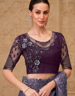 Lavender embellished sequinned poly georgette designer saree 5