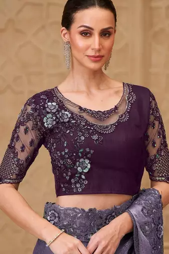 Lavender embellished sequinned poly georgette designer saree