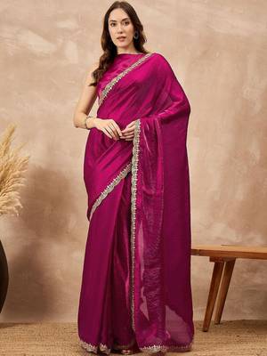 Magenta gota lace embroidered border organza saree 1