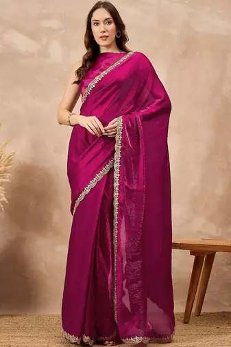 Magenta gota lace embroidered border organza saree