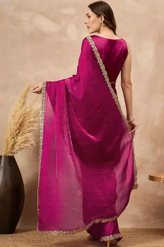 Magenta gota lace embroidered border organza saree