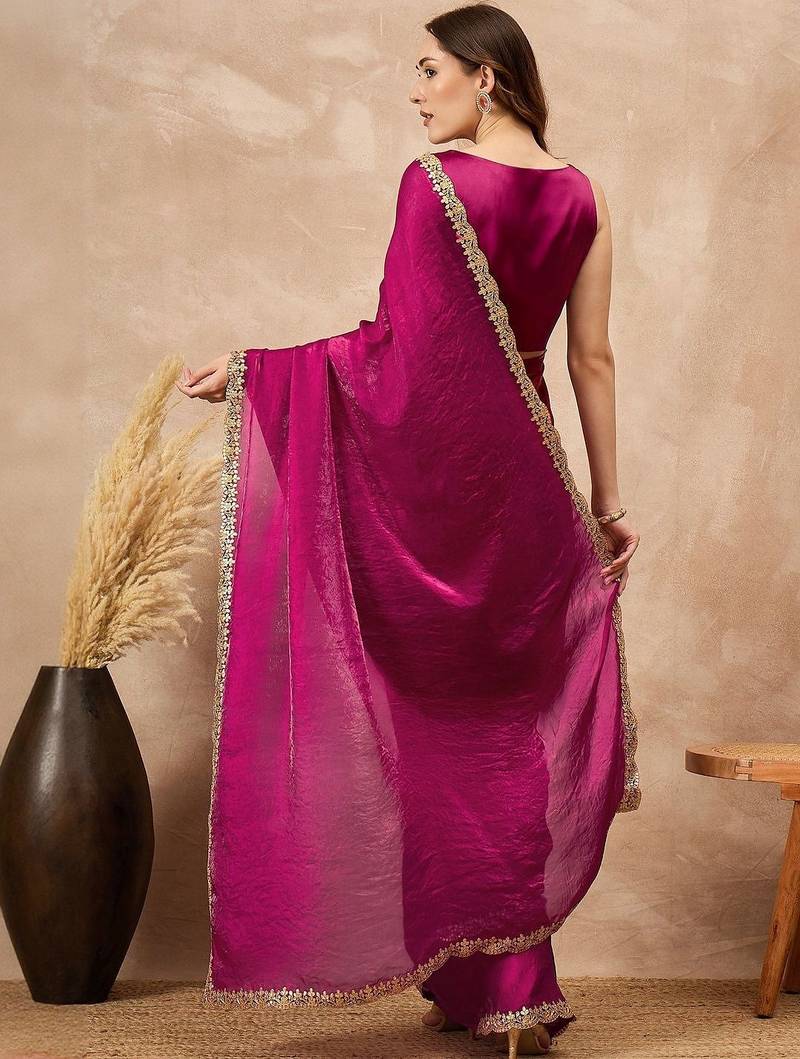 Magenta gota lace embroidered border organza saree