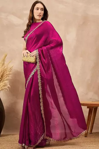 Magenta gota lace embroidered border organza saree