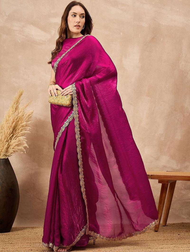 Magenta gota lace embroidered border organza saree