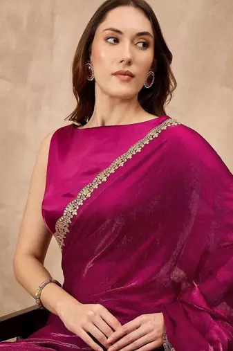 Magenta gota lace embroidered border organza saree