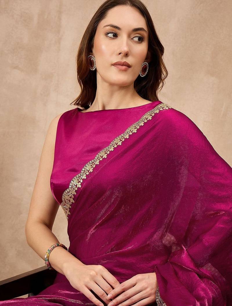 Magenta gota lace embroidered border organza saree