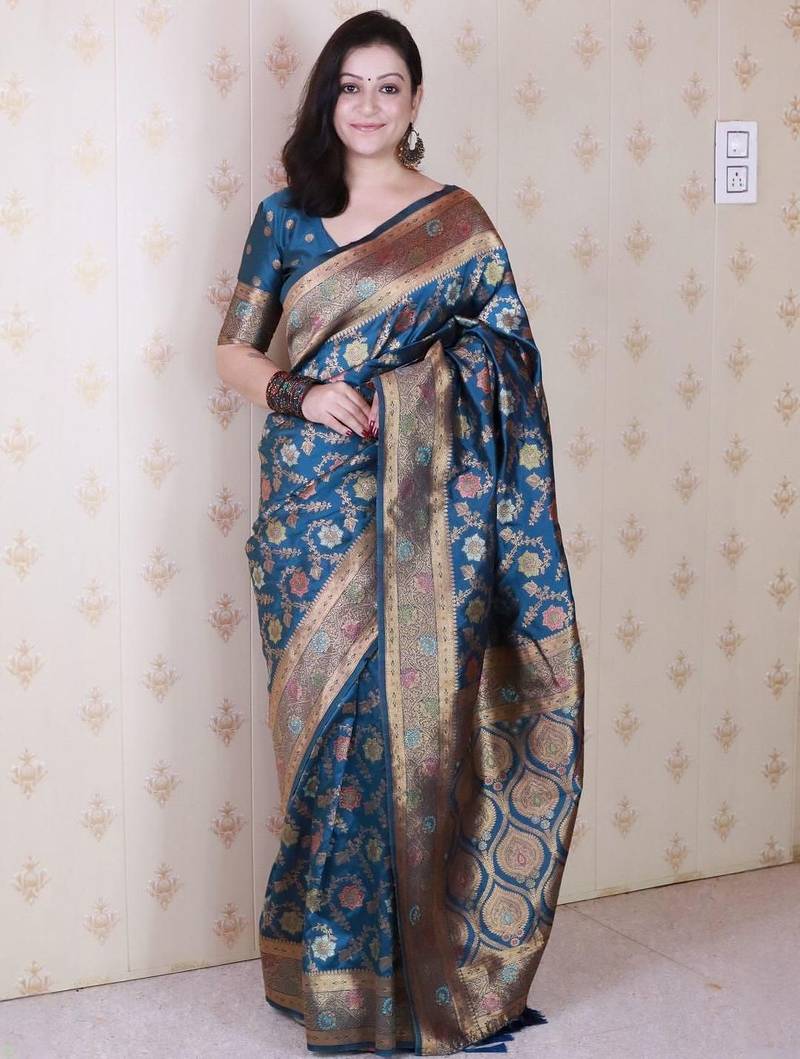 Blue floral woven design zari banarasi saree