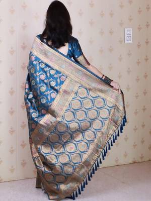 Blue floral woven design zari banarasi saree 2