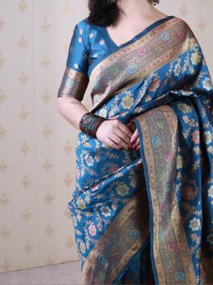 Blue floral woven design zari banarasi saree 3