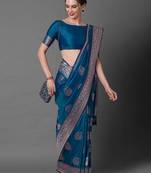Blue ethnic motifs woven design zari banarasi saree