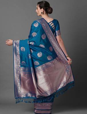 Blue ethnic motifs woven design zari banarasi saree 2