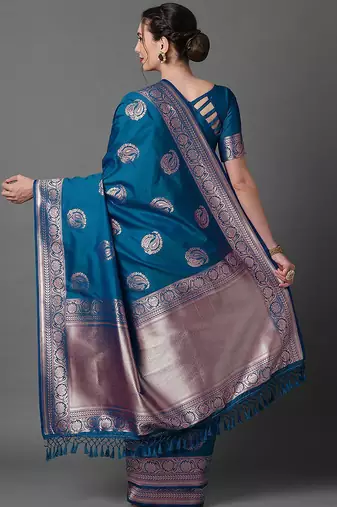 Blue ethnic motifs woven design zari banarasi saree