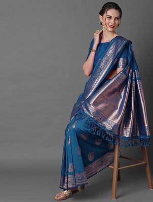 Blue ethnic motifs woven design zari banarasi saree 3