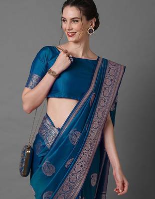 Blue ethnic motifs woven design zari banarasi saree 4