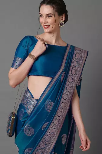 Blue ethnic motifs woven design zari banarasi saree