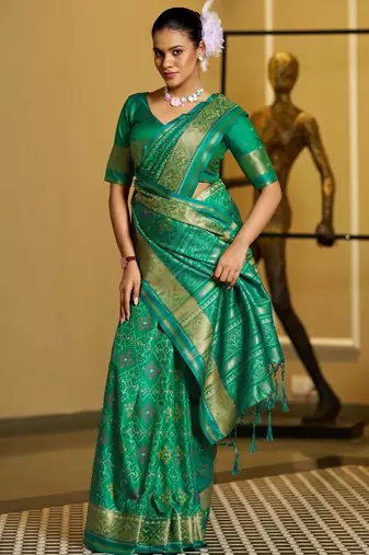 Green woven design zari silk blend designer patola saree