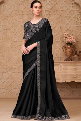 Black woven design zari poly georgette designer saree