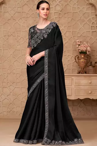 Black woven design zari poly georgette designer saree