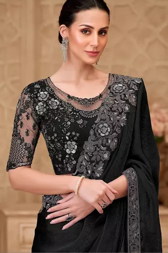 Black woven design zari poly georgette designer saree
