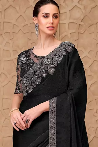 Black woven design zari poly georgette designer saree