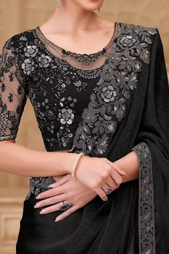 Black woven design zari poly georgette designer saree