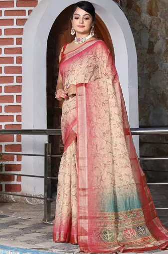Cream floral saree