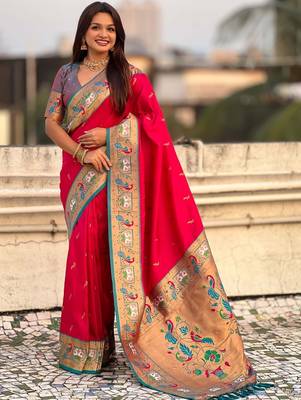 Pink ethnic motifs zari silk blend handloom paithani saree 1