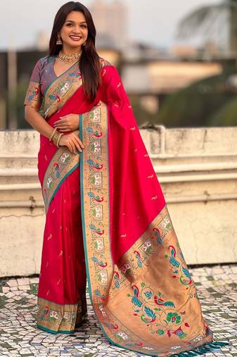 Pink ethnic motifs zari silk blend handloom paithani saree