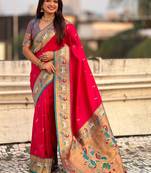 Pink ethnic motifs zari silk blend handloom paithani saree