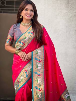 Pink ethnic motifs zari silk blend handloom paithani saree 2