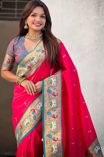 Pink ethnic motifs zari silk blend handloom paithani saree
