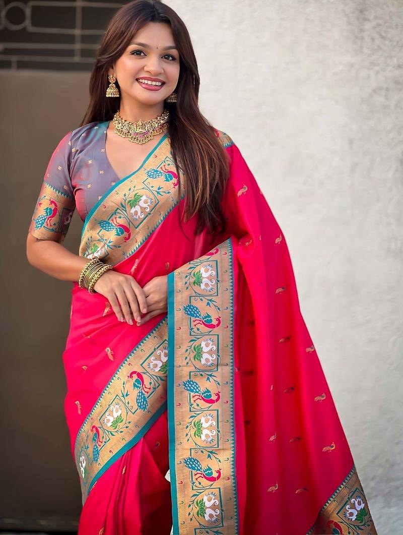 Pink ethnic motifs zari silk blend handloom paithani saree