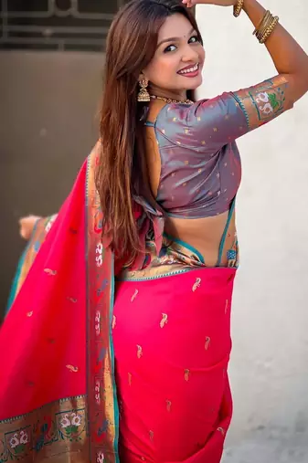 Pink ethnic motifs zari silk blend handloom paithani saree