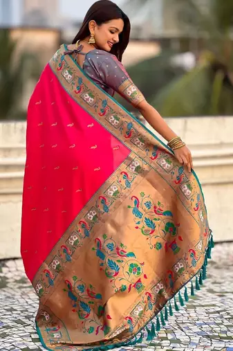 Pink ethnic motifs zari silk blend handloom paithani saree